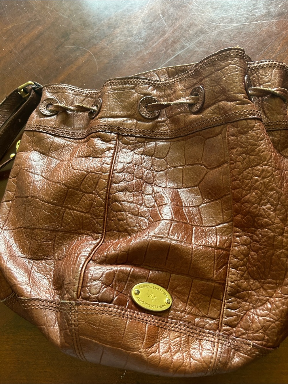 Adrienne Vittadini Brown Croc-Embossed Drawstring Hobo